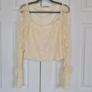 Grey Bandit Cream Floral Lace Long Sleeve Square Neck Tie Wrist Top XL Coquette